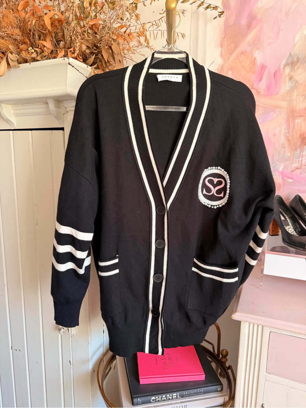 Sandro Black Cardigan with Cream-Trim and Crest Patch